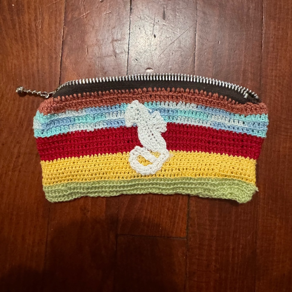 Crocheted Striped Pouch with Seahorse Accent Hand made - Picture 4 of 8